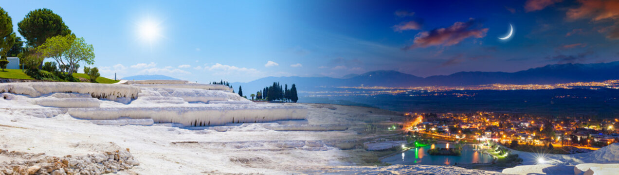 Day and night, sun and moon collage of Pamukkale, Turkey