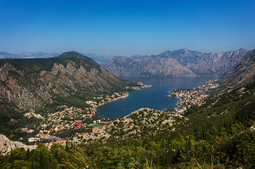 Fototapeta na wymiar Panorama of mountains and Kotor Bay, largest bay of the Adriatic Sea from Lovcen mountain, Montenegro