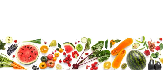 Crédence de cuisine en verre imprimé Légumes frais Bannière de divers légumes et fruits isolés sur fond blanc, vue de dessus, mise en page créative à plat. Concept d& 39 une alimentation saine, fond de nourriture.