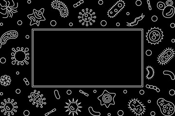 Horizontal frame with microorganism outline icons. Vector virology and microbiology illustration in thin line style on dark background