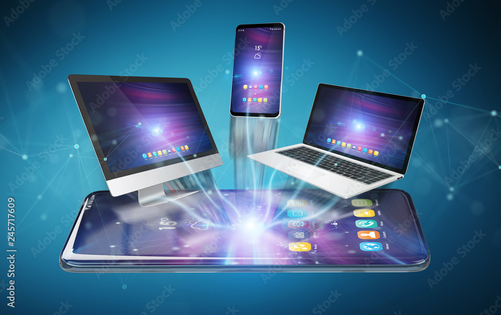 Poster modern devices connected to each other 3d rendering