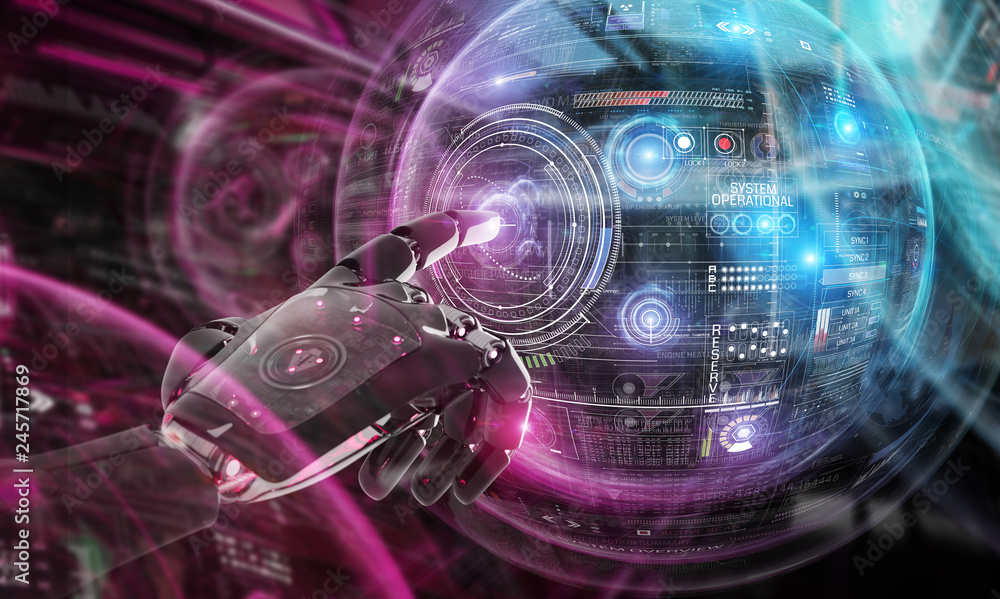 Poster red robot hacking a globe system interface 3d rendering