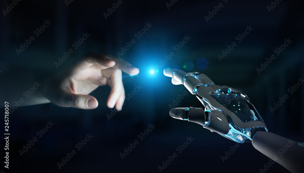 Poster robot hand making contact with human hand on dark background 3d rendering