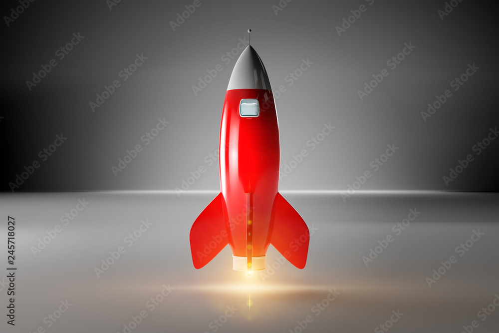 Poster old school style rocket isolated on dark 3d rendering