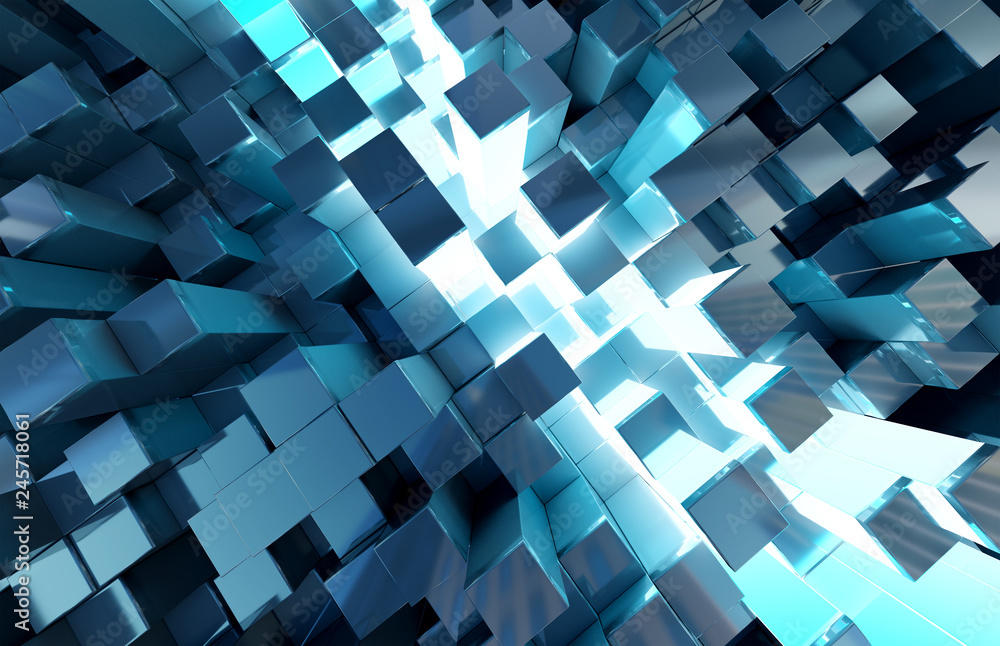 Poster Glowing black and blue squares background pattern 3D rendering