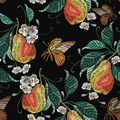 Embroidery pear fruits leaves and butterfly seamless pattern. Botanical illustration. Fashion template for clothes, textiles and t-shirt design