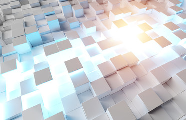 Glowing white and colorful abstract squares background pattern 3D rendering