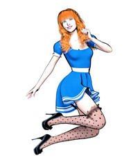 Sexy anime 3d doll japanese anime girl big green eyes bright makeup.Short blue dress dark stockings.Cartoon, comics, sketch, drawing, manga illustration.Conceptual fashion art.Seductive candid pose