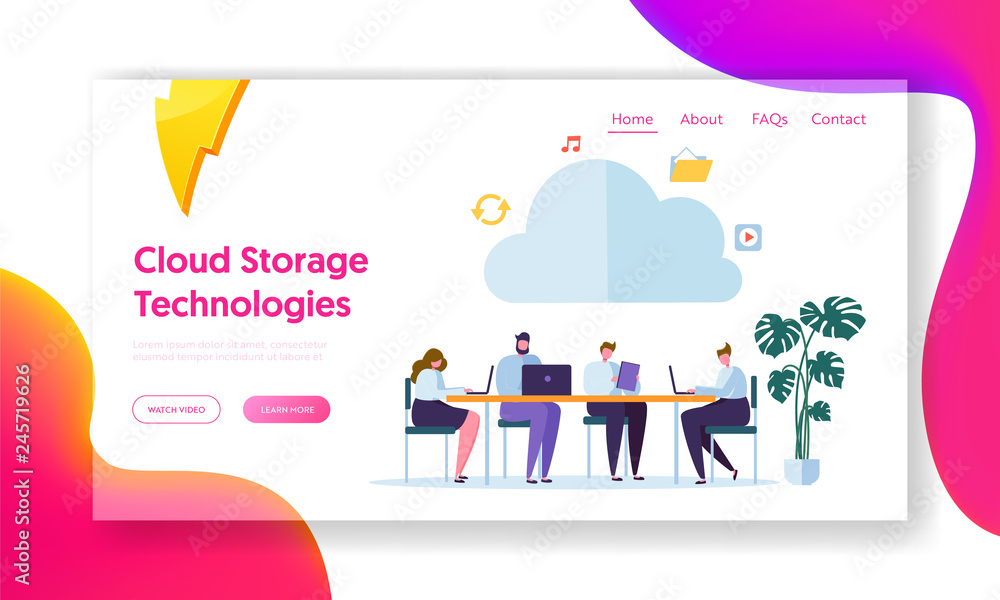 Poster cloud computing technology landing page. team with gadget download, upload information on memory ser