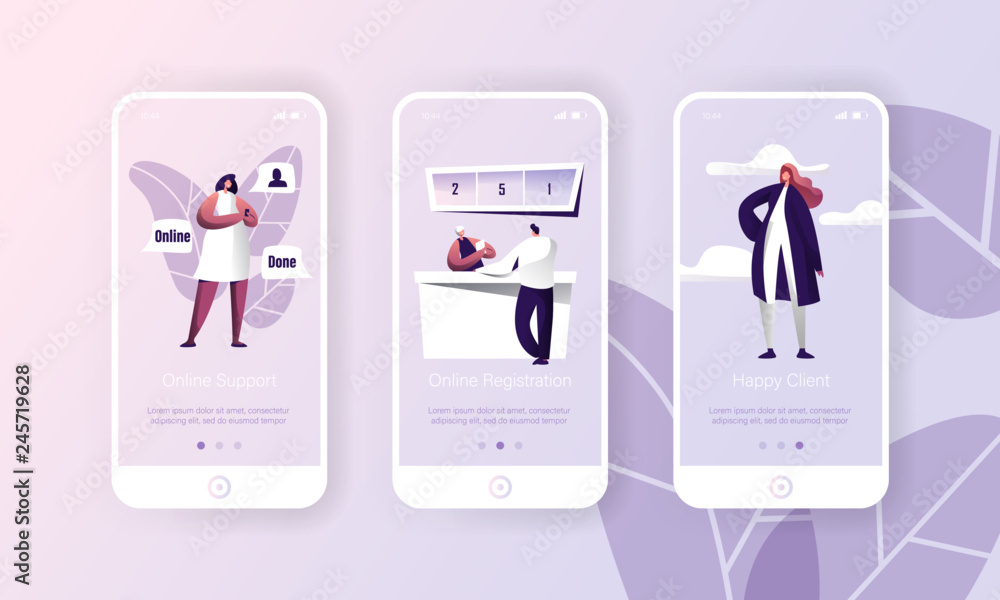 Poster online support customer hepldesk service app. person register technology mobile application page onb