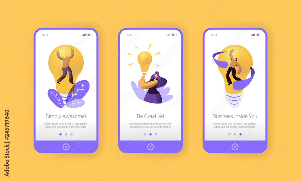 Aufkleber business creative idea concept mobile app page onboard screen set. people work in abstract project s