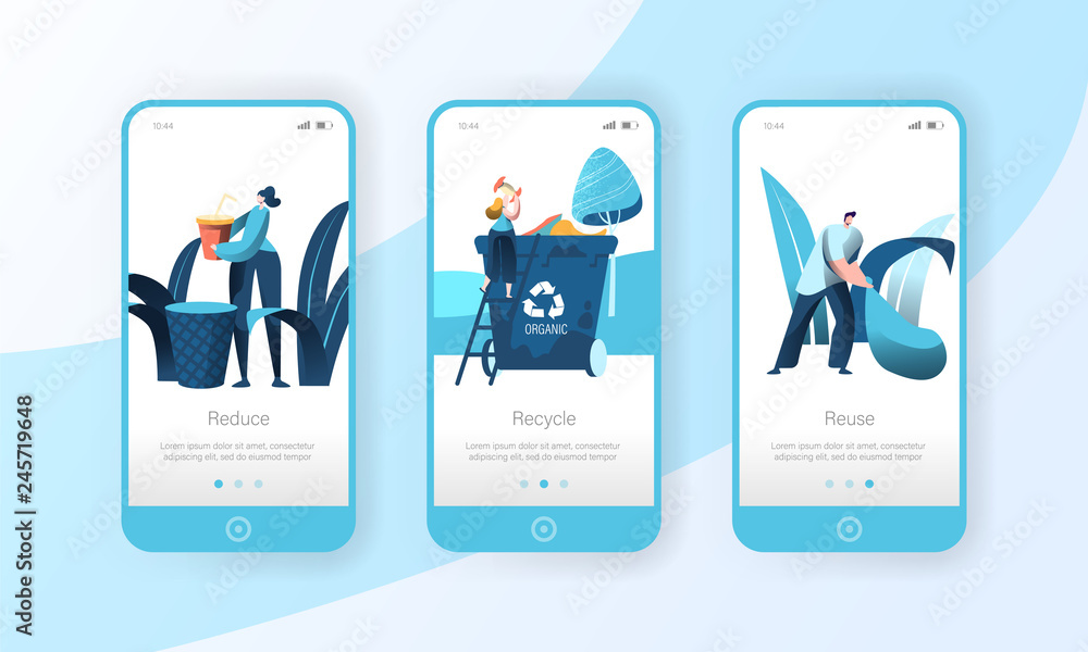 Aufkleber recycle garbage trash bin mobile app page onboard screen set. people reuse plastic to clean environm