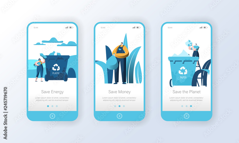 Poster recycling plastic garbage bin mobile app page onboard screen set. people reuse trash to reduce natur