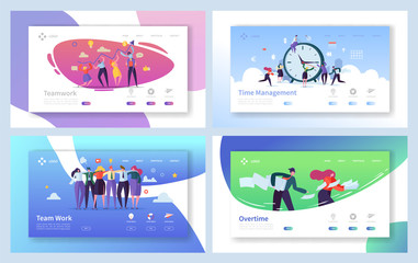 Fototapeta na wymiar Business People Teamwork Landing Page Set. Creative Corporate Team Collaboration Work for Innovation Time Management Strategy. Overtime Character Concept for Website Flat Cartoon Vector Illustration