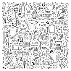 Vector illustration of kitchen utensils symbols and various desserts with hand drawn lettering. Doodle style background. 