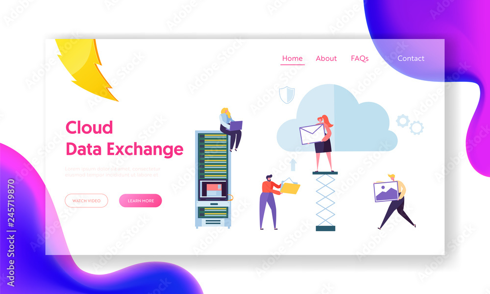 Poster secure cloud storage info exchange landing page. people transmit information, image to memory servic