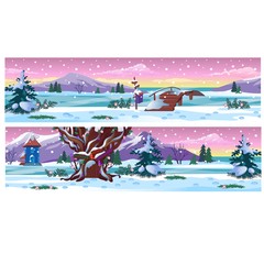 Set of posters with beautiful winter landscape and snowfall. Vector cartoon close-up illustration.