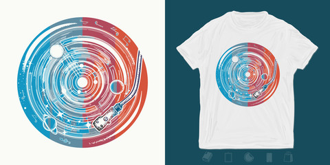 Vinyl disk universe and music notes. Print for t-shirts and another, trendy apparel design. Symbol of space music, meditation, dream, inspiration © intueri