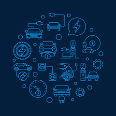 Plug-in electric vehicle circular vector blue illustration in outline style on dark background