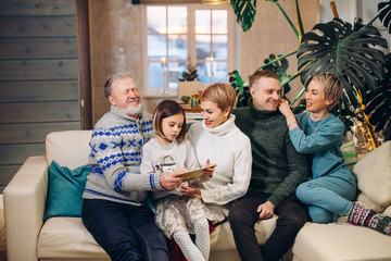 extended cheerful family enjoys leisure time indoors. stories from the past. large family having...