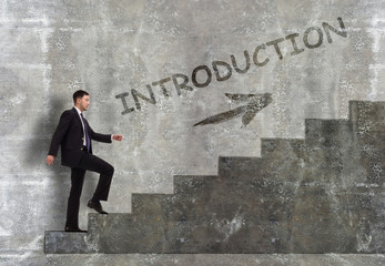 Business, technology, internet and networking concept. A young entrepreneur goes up the career ladder: introduction