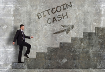 Business, technology, internet and networking concept. A young entrepreneur goes up the career ladder: bitcoin cash