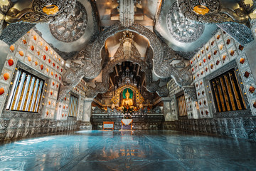 Chiang Mai, Thailand, 12.16.18: Inside the silver temple. Wide angle shot of the scenery. Gold and...