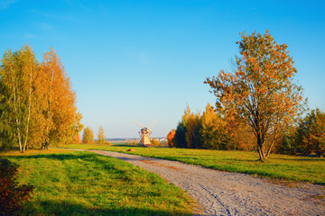 Dirt road, field and trees. Rural autumn landscape.