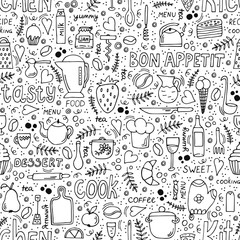Kitchen utensils and food seamless pattern. Hand drawn symbols and lettering in Doodle style. Vector. 