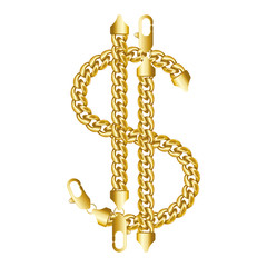 Gold american dollar money sign made of shiny thick golden chain. Realistic vector illustration isolated on a white background.