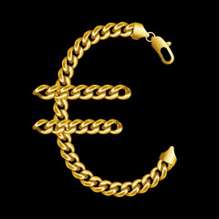 Gold euro money sign made of shiny thick golden chains with a lobster lock. Realistic vector detailed illustration isolated on a black background.