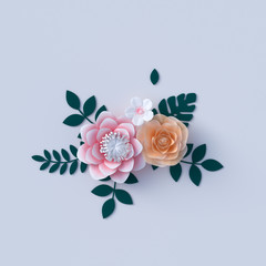 Paper flowers decoration design element, origami art rose and leaves isolated, 3d rendering