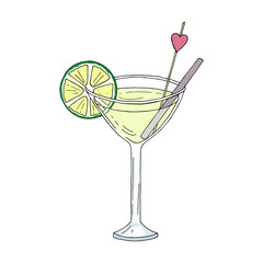 Margarita cocktail in a glass with a slice of lime and a tube isolated on a white background. Hand drawn cartoon style.  