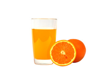 Fresh orange juice with mint in a glass cup isolated on white background. Fresh oranges and juice on a white background, view of the shu, cospore space