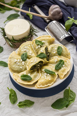 Dumplings with spinach and white cheese. This is a very popular food in Poland