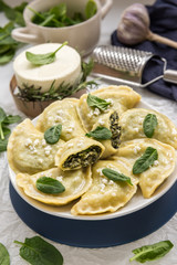 Dumplings with spinach and white cheese. This is a very popular food in Poland