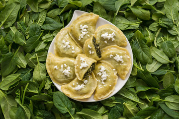 Dumplings with spinach and white cheese. This is a very popular food in Poland