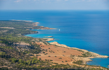 Bays and blue lagoon seen from Aphrodite trail, Akamas peninsula, Cyprus - obrazy, fototapety, plakaty