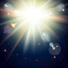 Fototapeta na wymiar Bright sunburst on a Dramatic Cosmic background.