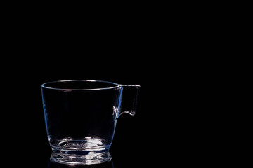 Glass mug for tea on a black background