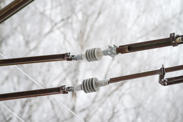 Beautiful winter view with electric wires from train road railway.