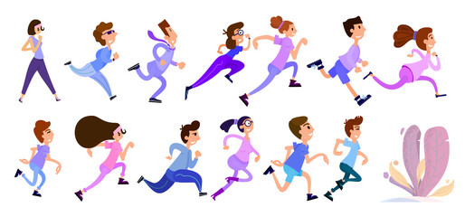 people running, a crowd of men and women flat style