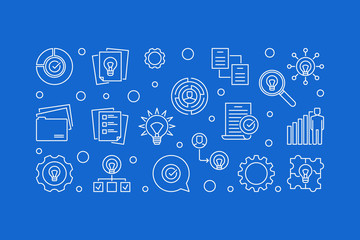 Business Ideas vector horizontal creative illustration in outline style on blue background 