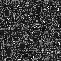 Black and white Doodle illustrations with cooking utensils, food and lettering. White chalk on a black Board. Perfect for decorating a bar, cafe, restaurant or home cooking. Vector seamless pattern.