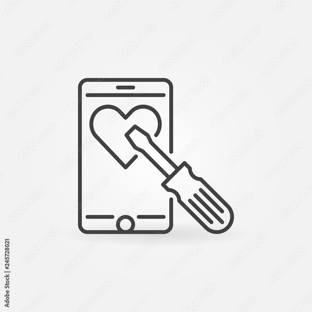 Poster smartphone with screwdriver vector concept icon or symbol in thin line style