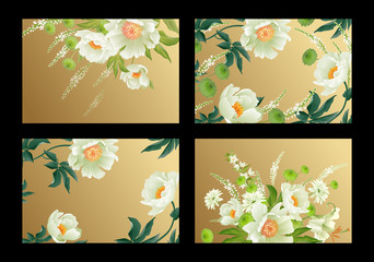 Delicate pastel white garden flowers. Floral card luxury pattern set.
