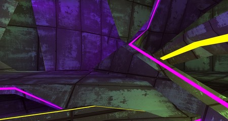 Abstract  Concrete Futuristic Sci-Fi interior With Violet And Green Glowing Neon Tubes . 3D illustration and rendering.