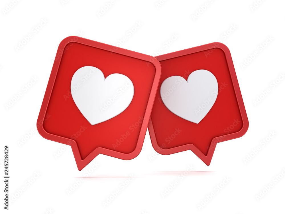 Poster two 3d social media notification like heart icons on red rounded square pins isolated on white backg