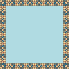 Square ethnic frame. Empty space for your text. Vintage poster. Colorful elements on an olive background.