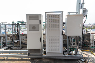 5G smart mobile telephone radio network antenna base station. Transmitter connection system at...